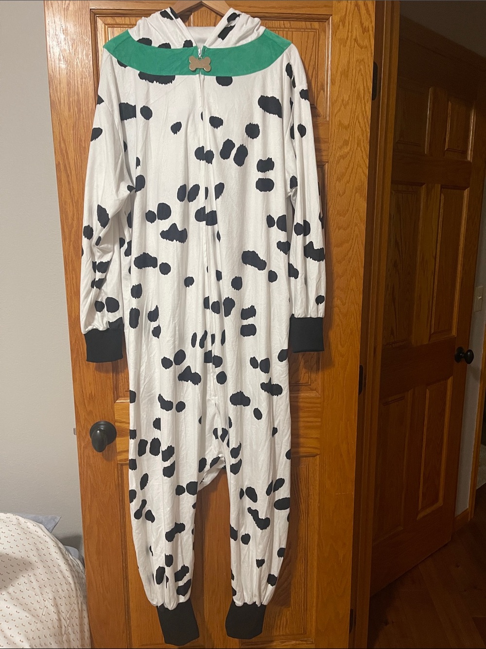 Spirit White and Black Dalmatian Hooded Adult One-Piece with Green Collar